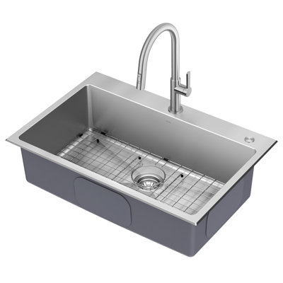 KRAUS Standart PRO 33” Drop In / Undermount Single Bowl 18-Gauge Stainless Steel Kitchen Sink And Pull Down Faucet In Spot-Free Stainless Steel