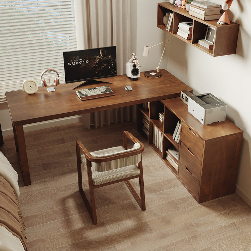 Bureau en bois massif en forme de L brun noyer avec 3 tiroirs, H 29,53 po x l 70,87 po x P 55,12 po