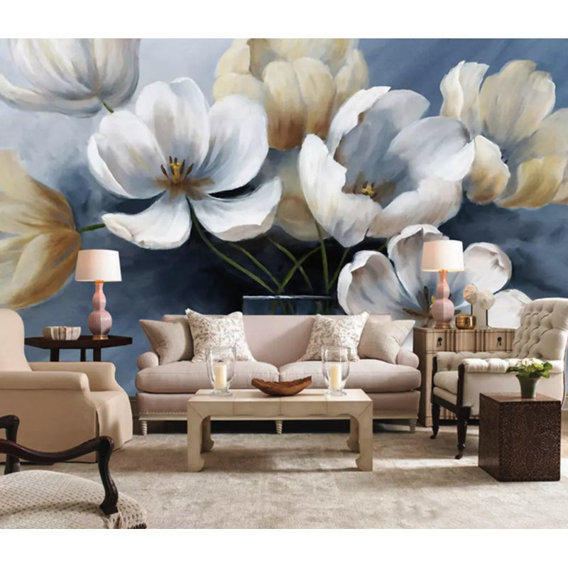 Papier peint amovible rétro avec peinture à l'huile et tulipe rétro, L 48,96 po x l 75 po
