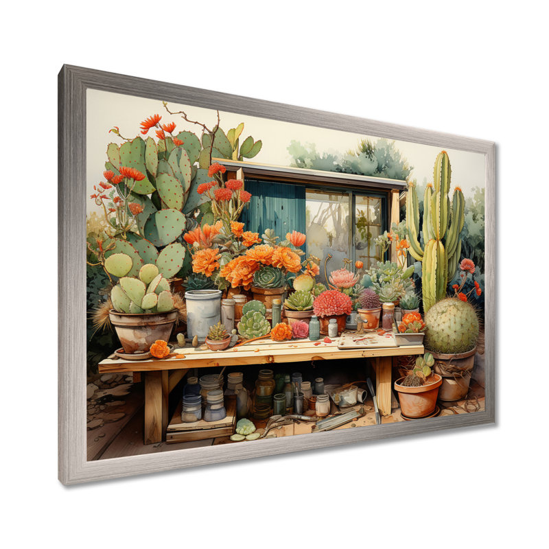 «Mexico Cactus Oasis Impasto III», reproduction d'art sur toile, H 16 po x l 32 po x P 1 po, Cadre simple argenté