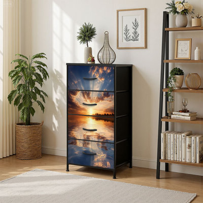 4 Drawer Vertical Storage Dresser Reflections sunset lake water with Wood Top Fabric Pull Drawers