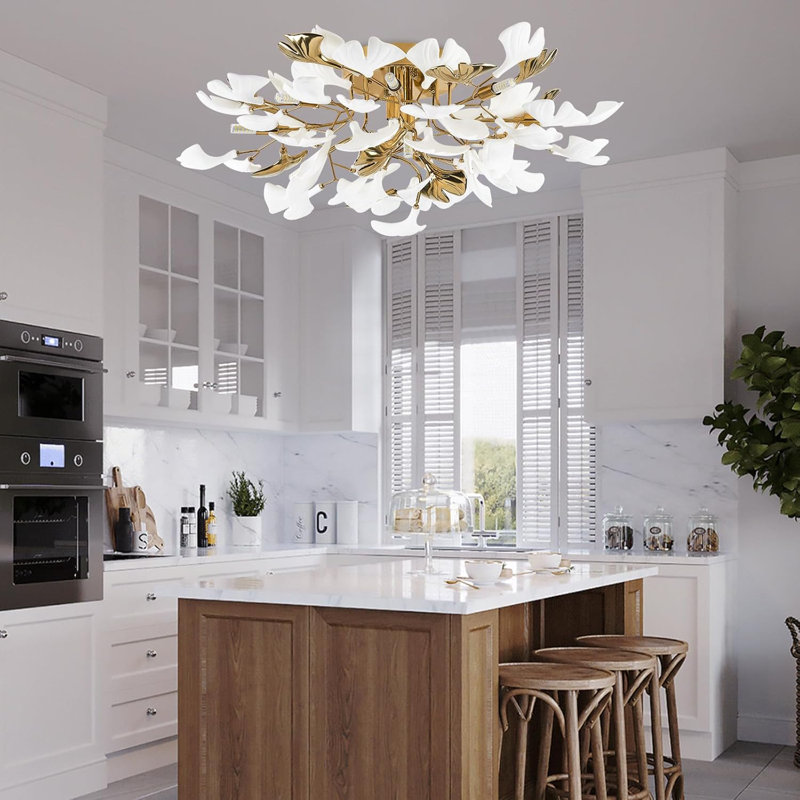 Plafonnier semi-encastré en laiton doré Ginkgo, H 12 po x l 23,6 po x P 23,6 po, Six lumières