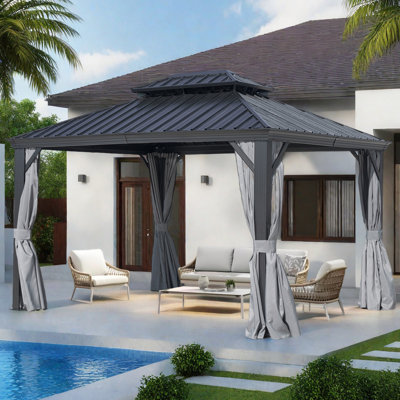 Pavillon de jardin extérieur en aluminium à toit rigide avec double toit en métal et rideaux pour la cour, le jardin et le patio