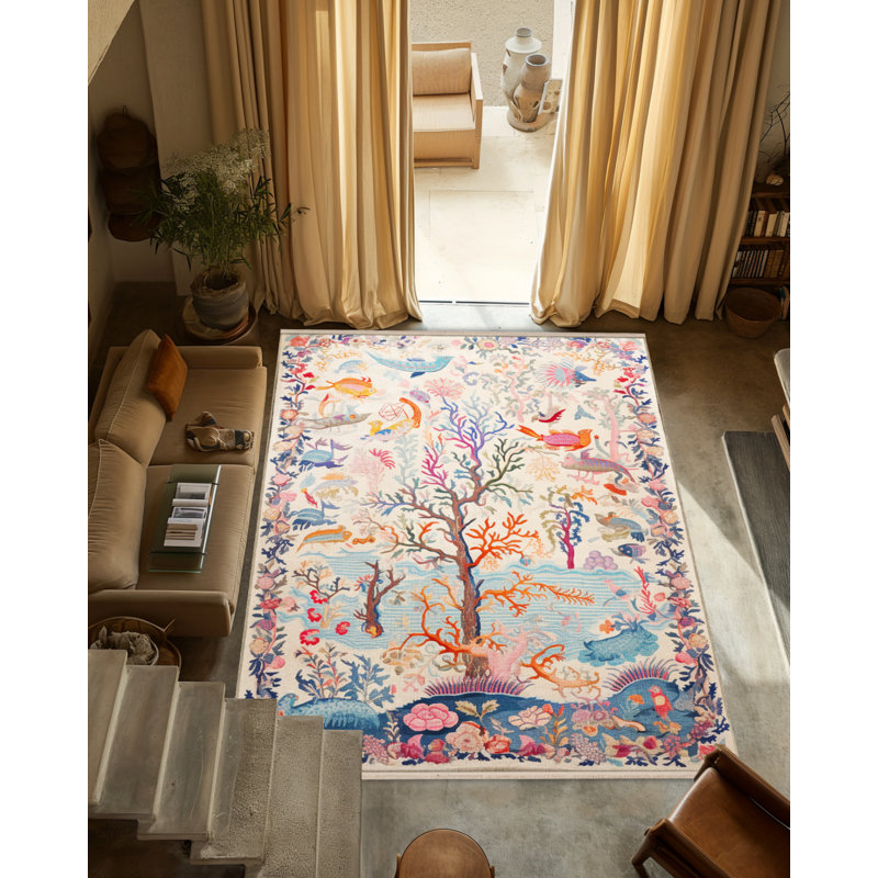 Tapis décoratif multicolore à motif d'arbres et d'oiseaux, Rectangle 3 pi 4 po x 6 pi 7 po