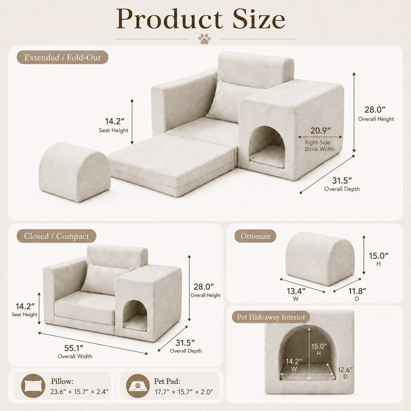 Fauteuil convertible de 55,1 po adapté aux animaux de compagnie avec cachette pour animaux de compagnie intégrée, siège rabattable en mousse à mémoire de forme et repose-pieds, beige