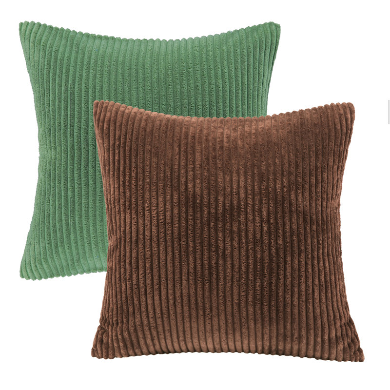 Corduroy Throw Pillow Set with Inserts, Two-Tone Decorative Accent Pillows, Square 22", Green+Dark Coffee