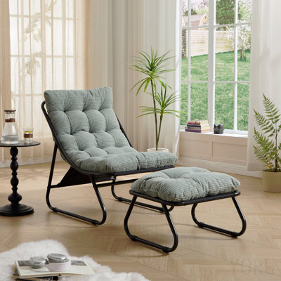 Méridienne de patio avec repose-pieds, fauteuil inclinable confortable avec coussin gonflable et repose-pieds, idéale pour le salon, la chambre à coucher, la salle de lecture, structure noire avec coussin vert clair