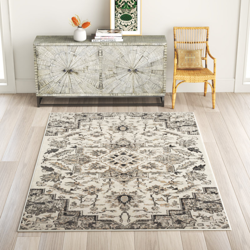 Tapis gris à motif floral médaillon Manoel, Rectangle 3 pi 11 po x 6 pi