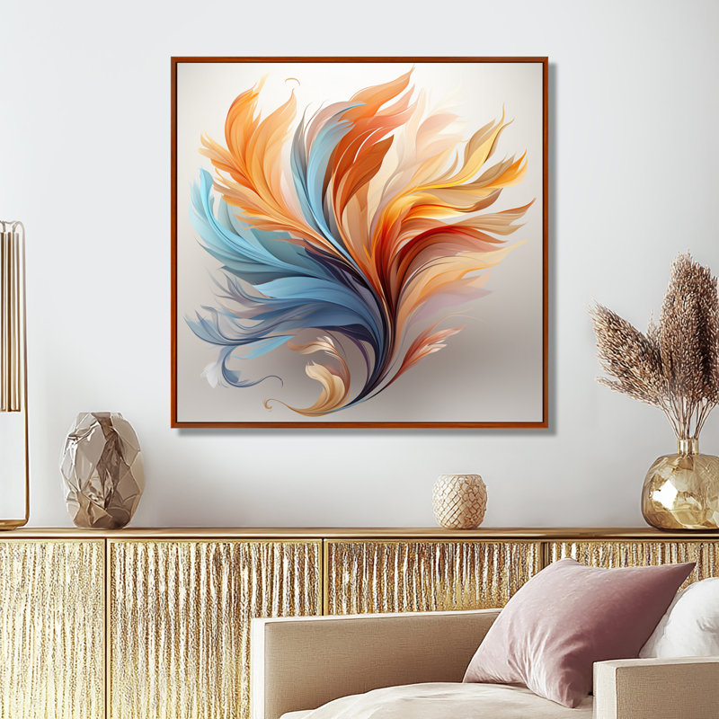 Fractale, plume bohémienne orange et turquoise - art mural plumes, H 16 po x l 16 po x P 1 po, Cadre flottant brun