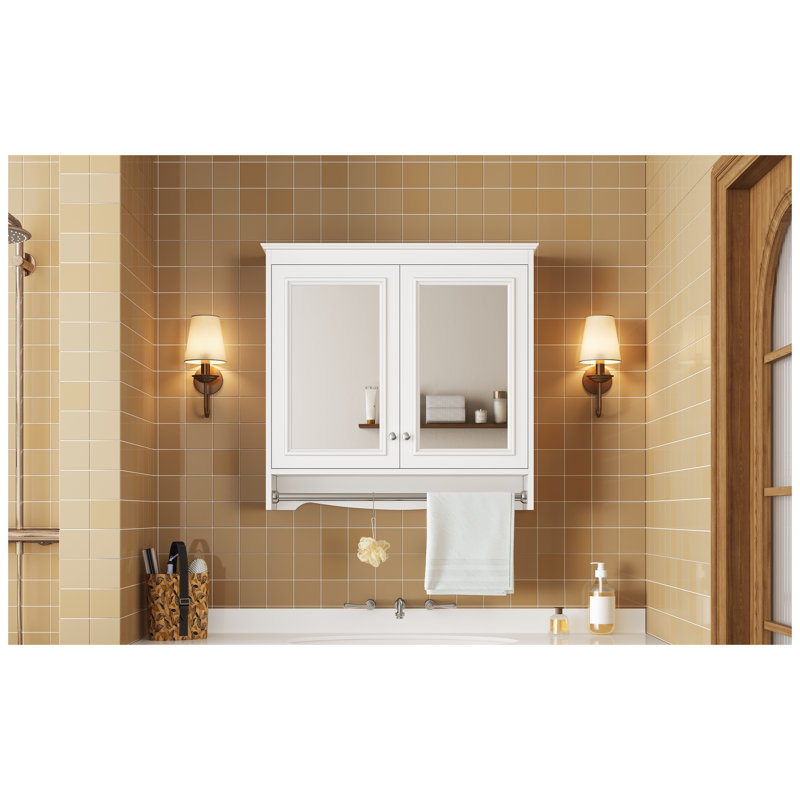 Armoire de salle de bain à miroir murale 30 pouces avec portes doubles et tablette réglable, finition blanche, bois massif et panneau de fibres à densité moyenne