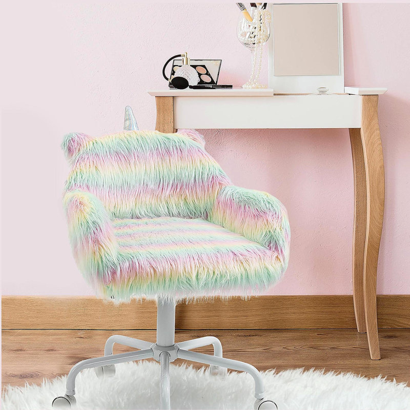 Chaise de bureau en fausse fourrure avec dossier moyen et support d'accoudoirs, base pivotante blanche