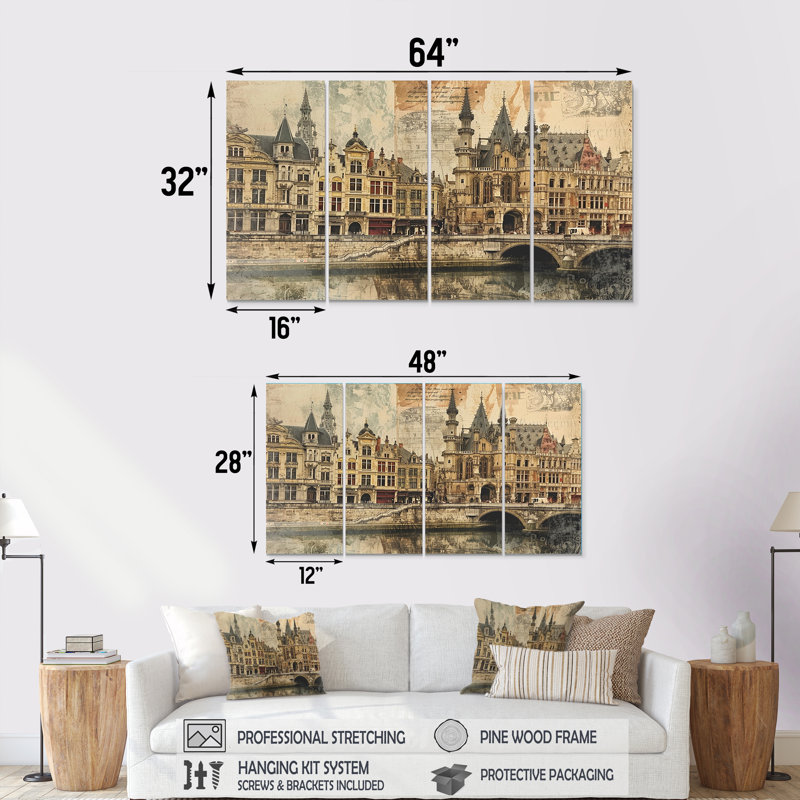 Ensemble d'art mural de la ville médiévale de Gand, Illustration rétro I, 4 pièces, H 32 po x l 64 po