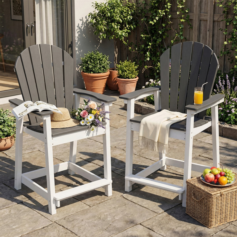 HDPE Tall Adirondack Bar Chair (Set of 2) – Outdoor High-Top, Gray/White