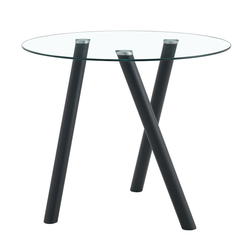 35" Round Glass Top Dining Table for 4 with Metal Base, for Kitchen and Small Spaces, Black, Transparent