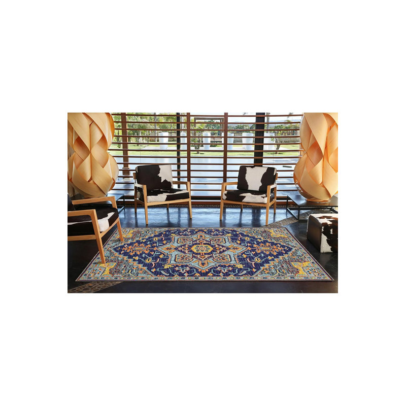 Tapis décoratif multicolore bleu marine à motif traditionnel, Sous-tapis carré 3 pi 3 po inclus