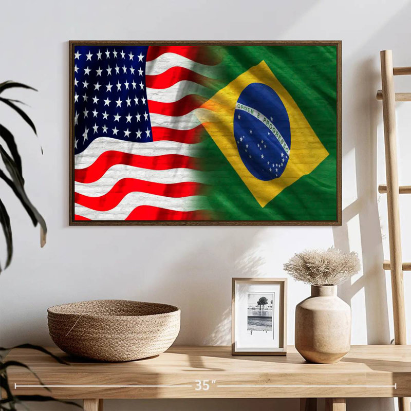 Drapeau des États-Unis et du Brésil, 25 po x 17 po, Cadre flottant en noyer