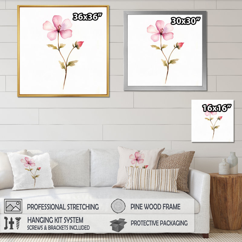 Décoration murale isolée fleur de pensée rose avec bourgeon - fleurs sauvages, H 30 po x l 30 po x P 1 po, Cadre simple noir