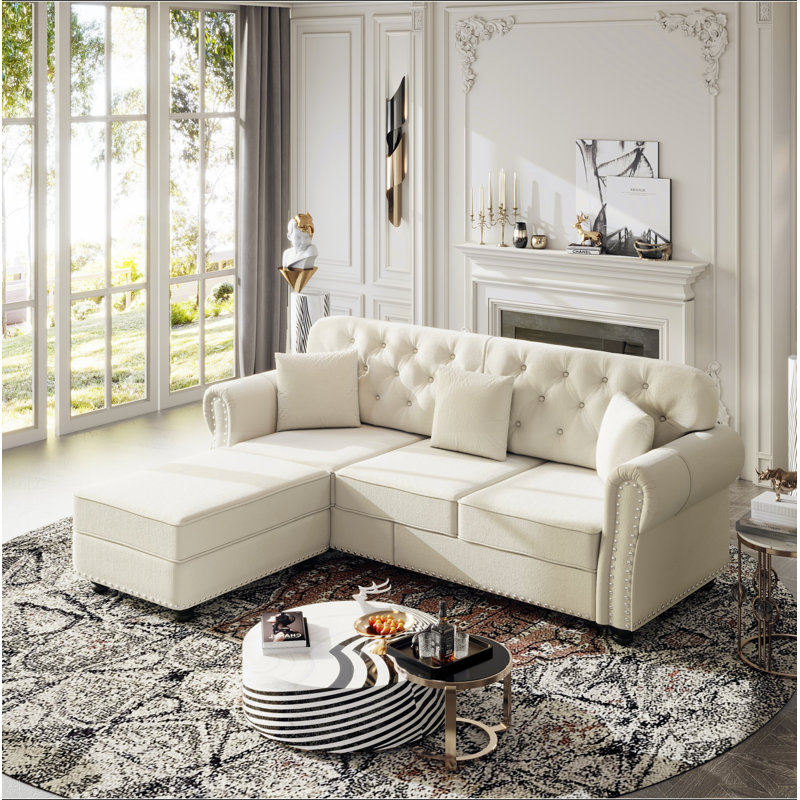 Canapé Chesterfield 82,6 po rembourré en velours avec garniture cloutée et accoudoirs roulés, canapé de style Mid-Century moderne capitonné avec boutons