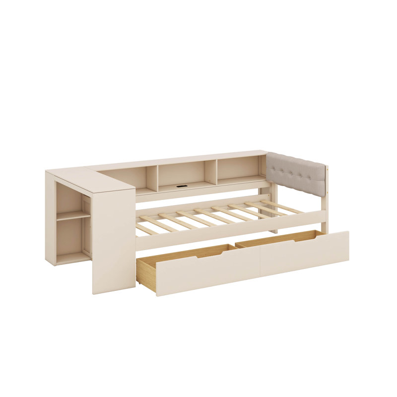 Twin Size Platform Bed With Shelves, Drawers, Charging Station And Upholstered Headboard, Twin, Cream