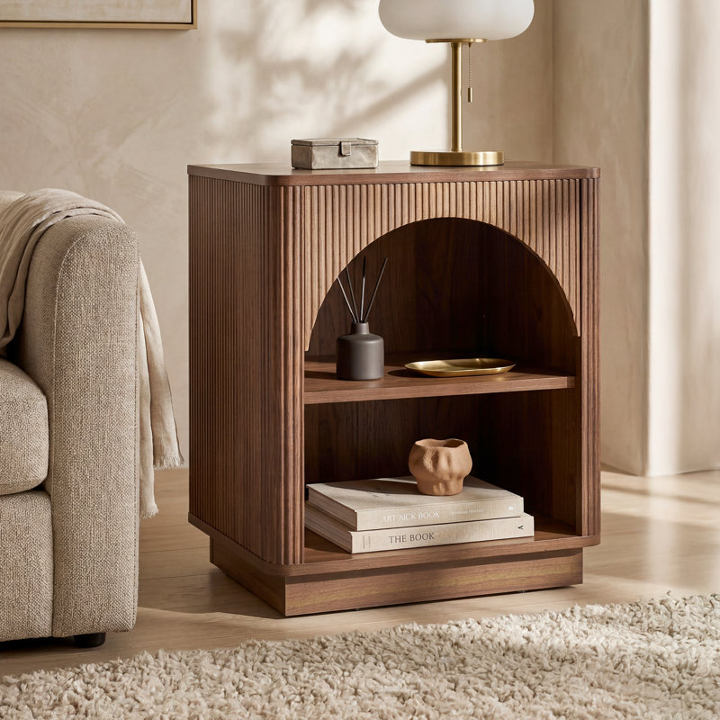Table de chevet moderne cannelée l 20,9 po avec rangement ouvert à 2 niveaux, table de chevet pour chambre à coucher, salon, finition noyer foncé