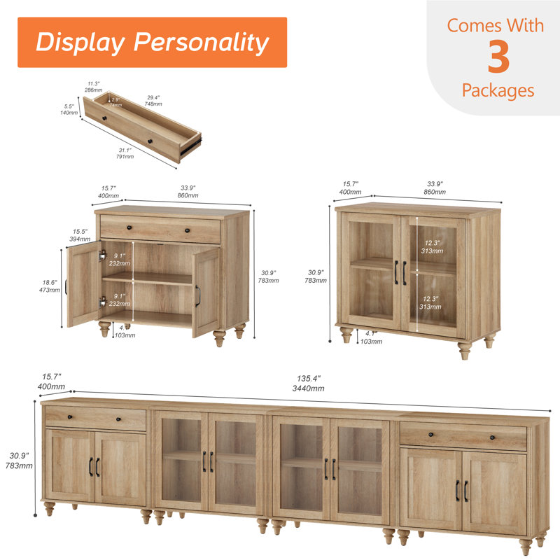 Corretta TV Stand For TVs Up To 85", Entertainment Center With Cabinets and Drawers, Oak