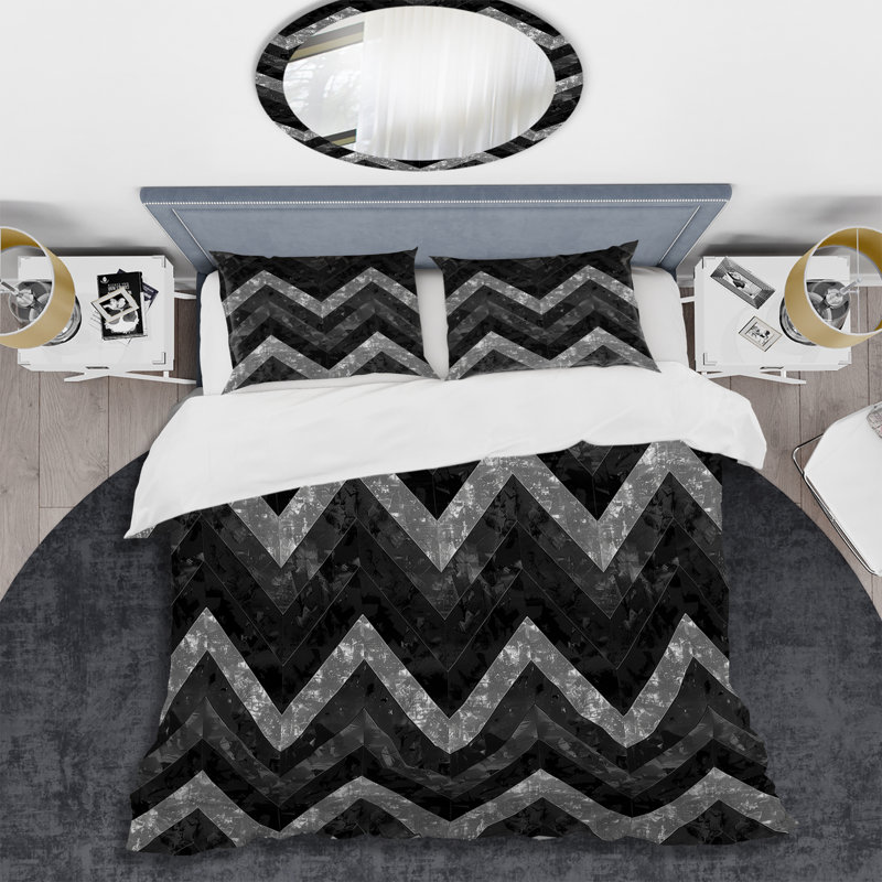 Ensemble de housse de couette transitionnelle à chevrons noir et gris III, Housse de couette simple et deux taies décorative