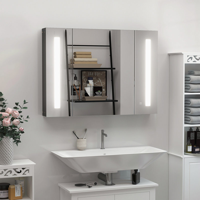 Armoire à pharmacie à DEL avec miroir, armoire de salle de bain murale l 35,5 "x H 25,5" avec 3 armoires, fonction mémoire, charge USB, noir ultrabrillant