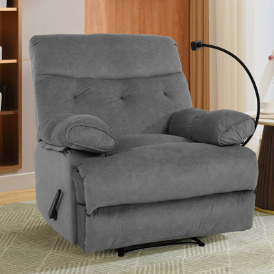 Manual Handle/Lever Recliner Chair with Sturdy Metal Support Frame, Extra Thick Padded Armrest & Built-in Phone Holder, Velvet Recliner for Living Room, Bedroom, Home Theater-Gray