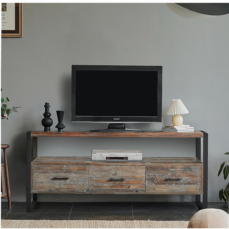 Meuble télé 60 po en bois récupéré avec 3 tiroirs, tablettes ouvertes et surface rétro