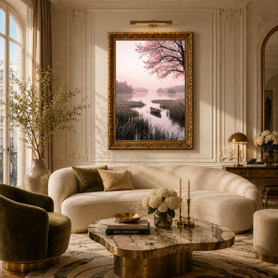 Art mural sur toile en forme de cerisier rose sur une barque en bois sur un lac brumeux