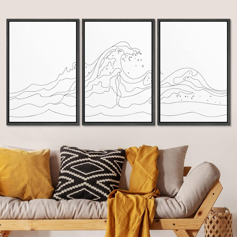 " Line Art Crashing Ocean Waves Nature Seascape Black And White Minimalist Neutral Decor Modern Art " 3 - Pieces, Noir