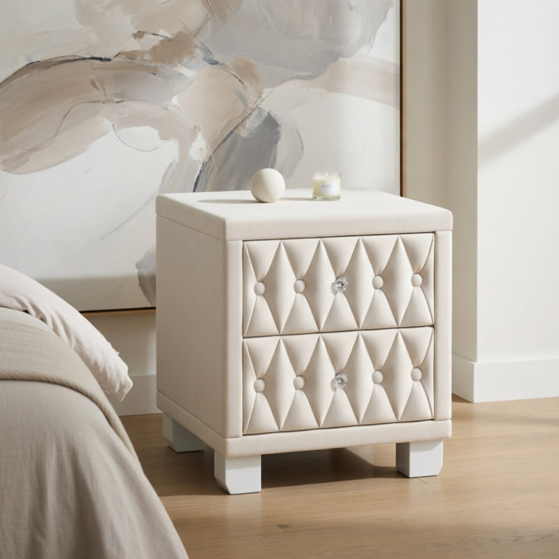 Élégante table de chevet en velours avec 2 tiroirs et poignée en cristal, table de chevet avec capitonnage à boutons, beige