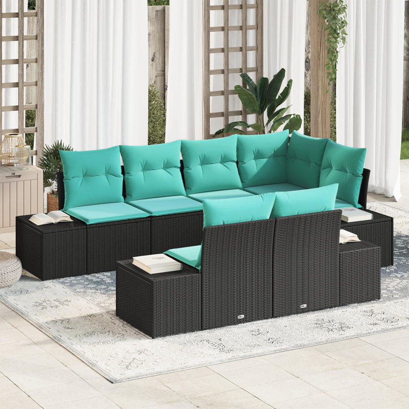 Ensemble de canapé de jardin vidaXL 7 pièces en rotin de polyester noir et turquoise