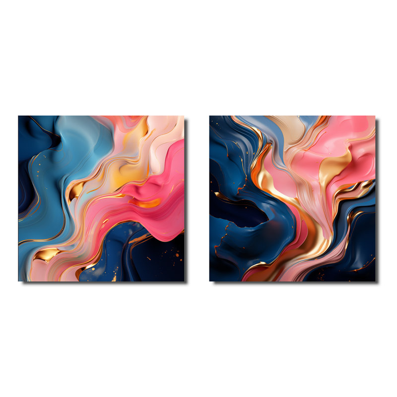 «Pink and Gold», encre liquide abstraite I - ensemble de 2 reproductions d'art sur toile, Toile tendue
