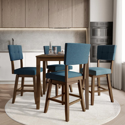 5-Piece Counter-Height Square Dining Set with Linen Swivel Chairs, Blue