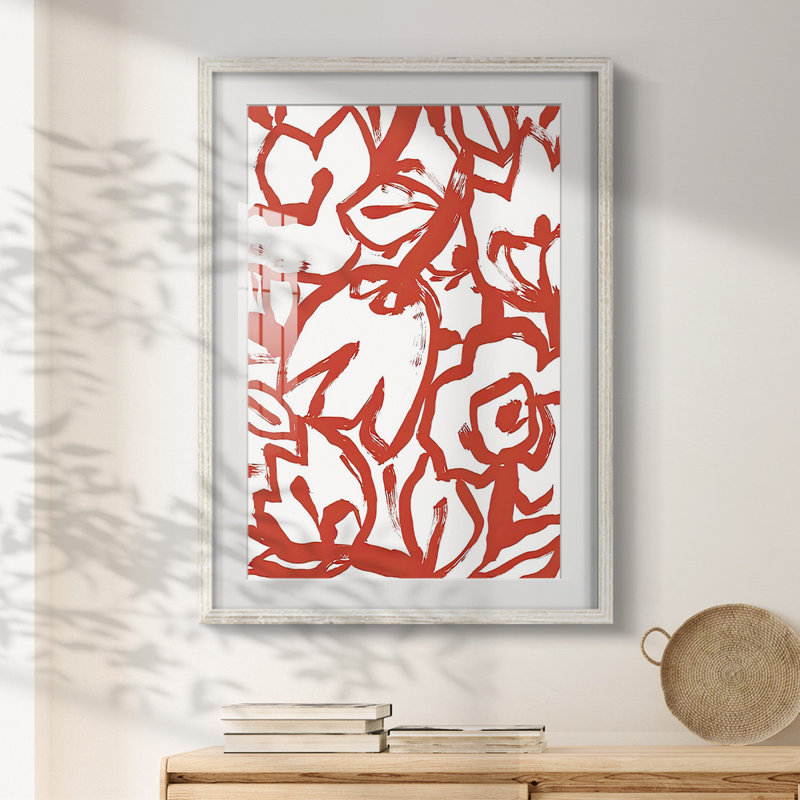 «Red Brush Floral I», impression encadrée, H 28,5 po x l 20,5 po