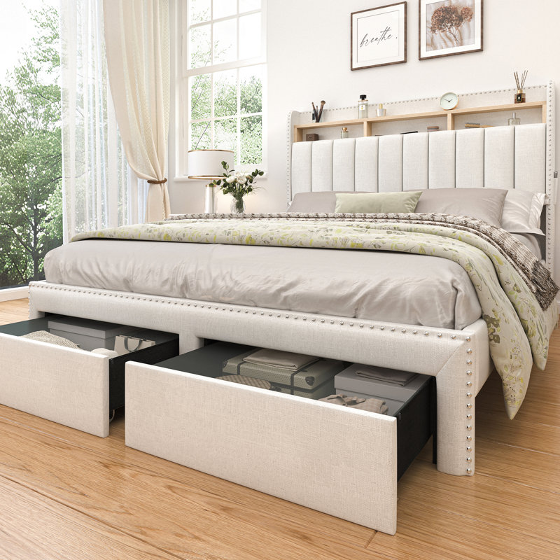 LED Bed Frame with 2 Drawers Pockets and Upholstered Wingback Headboard, King, Cream