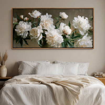 Framed Canvas Wall Art - Classic White Rose Still Life with Deep Green Foliage - 16"x24", 24"x36"