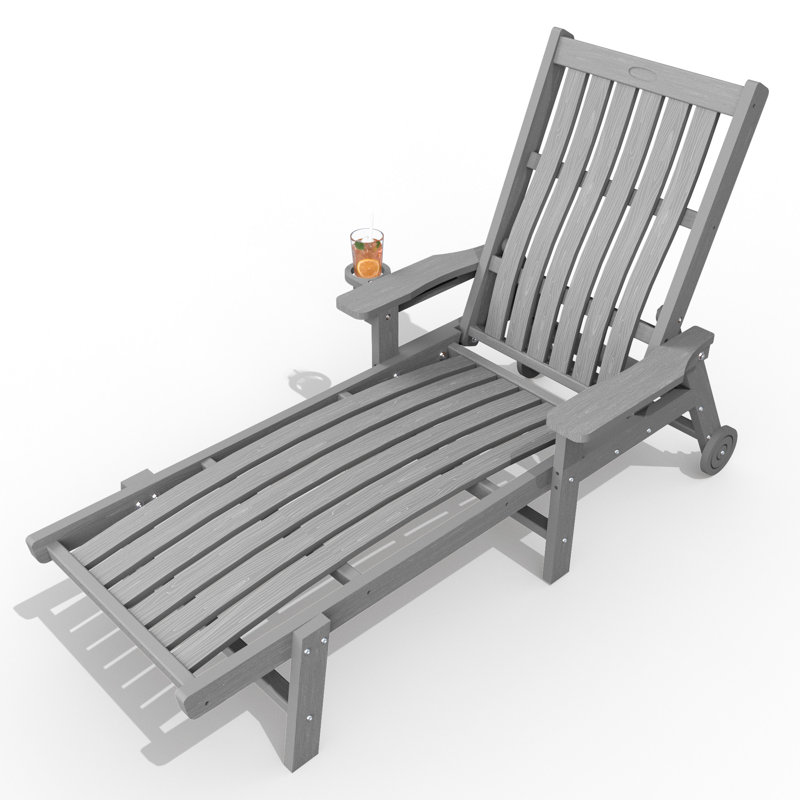 Outdoor HDPE Adjustable Reclining Chaise Lounge Chair With Wheels & Cup Holder, Gray