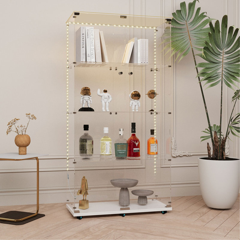 Tempered Glass Display Cabinet,Wine Cabinet, Storage Cabinet,File Cabinet,With Bluetooth LED Strip,Can Be Controlled By Remote Control Or Mobile APP,Swivel Casters,Can Be Placed Anywhere,Color:White