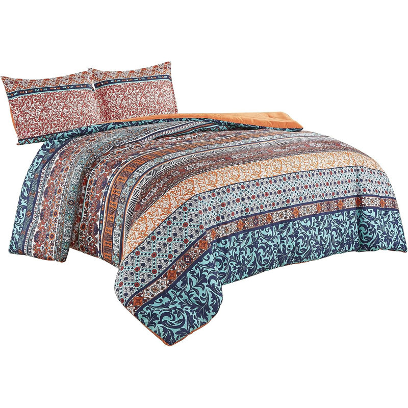 Full Multicolor Bohemian Medallion Stripe Microfiber Comforter Set