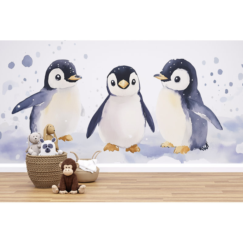 Mignon bébé pingouins - aquarelle murale de la chambre de bébé arctique avec neige et animaux, L 144 po x l 100 po