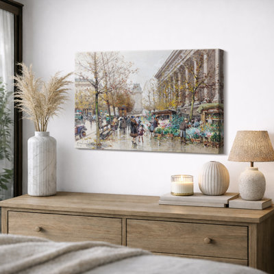 Paris Autumn Boulevard Flower Stalls Artwork, Living Room Pictures, Framed Canvas Giclee Print Wall Art.