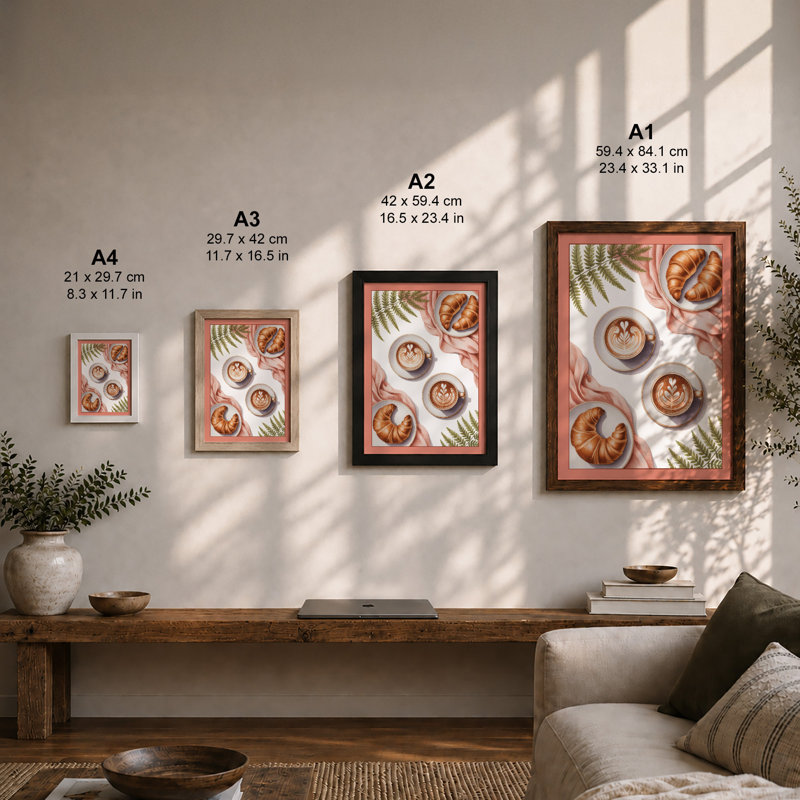 Coffee and Croissants Modern - Framed Print, Oak, A4 - 29.7 x 21.0 cm