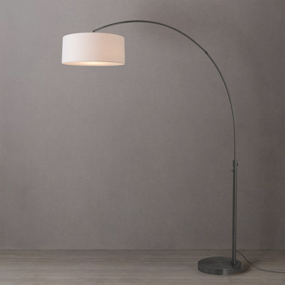 Lampe à arc 92 po Float - nickel noir, base en acier nickel noir, demi-dôme tambour en lin blanc, à intensité variable, ampoule incluse
