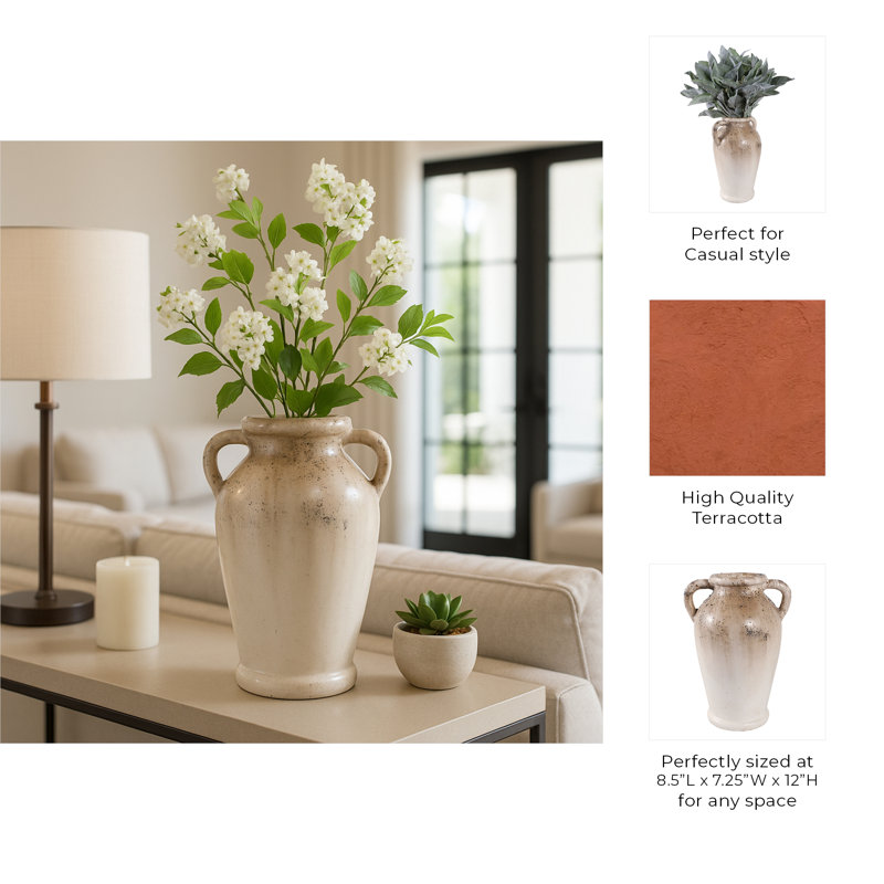 Modern Rustic Terracotta Tall Flower Vase With Speckled Finish - Elevated Home Decor Accent Vases For Table - Ivory/Brown