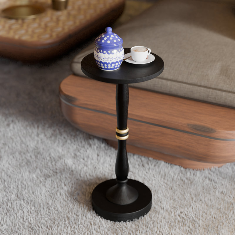 Solid Wood 12″ Round Modern Small Side Table – Black Finish with Gold Accent, 24 in. H, Accent End Table, No-Tool Assembly