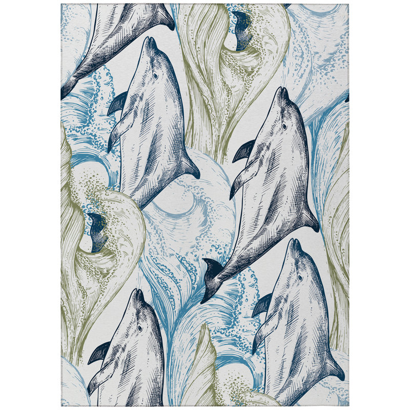 Tapis bleu / gris intérieur / extérieur en polyester tissé à la machine Terrest, Rectangle 8 pi x 10 pi