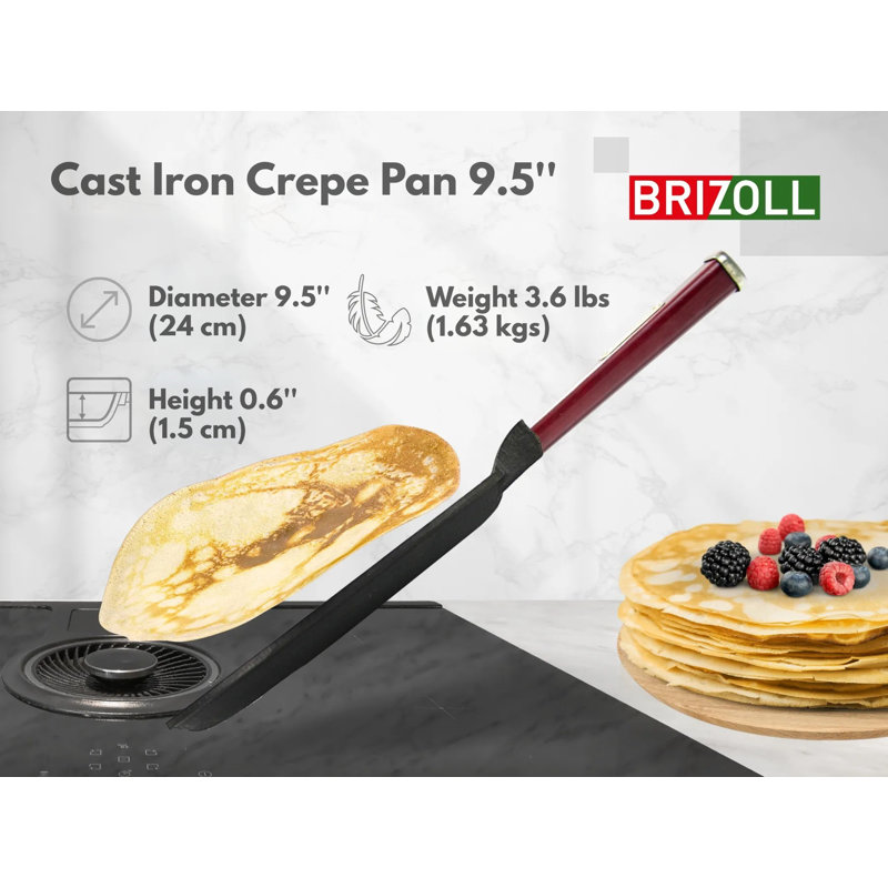 BRIZOLL 9.5" Seasoned Cast Iron Non-Stick Crepe Pan with Burgundy Handle