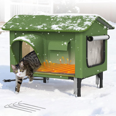 Outside Heated Cat house, Outdoor Weatherproof Cat House with Waterproof Eaves & Escape Door